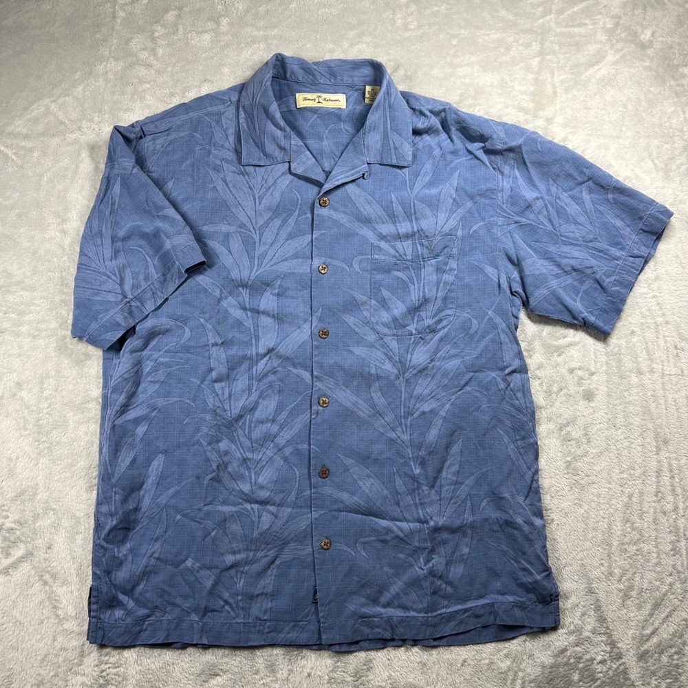Tommy Bahama Mens Blue Silk Jacquard Tropical Leaf Camp Shirt Medium RN 86549 - Picture 1 of 11
